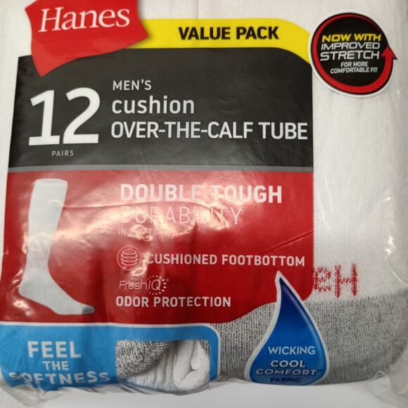 Hanes Men's Tube Socks Over The Calf Fresh IQ White 12-Pair Shoe Size 6-12 - Picture 2 of 4